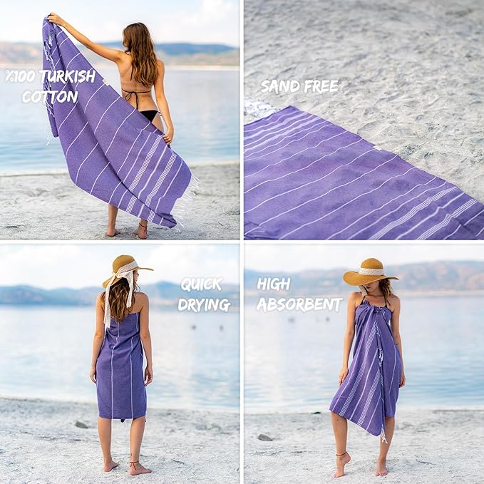 Ray Silver Turkish Beach Towel – 100% Cotton 40x71 Quick Dry Oversized Sand Free Lightweight Blanket for Travel Camping Bath Sauna Pool Gym Yoga (1pc - S-Purple)