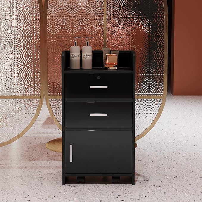 SSLine Modern Salon Station Black Floor Stand Styling Sation Wood Salon Cabinet for Hair Stylist Barber Shop Classic Beauty Spa Storage Table with Drawers,Cupboard and Tool Insert Holes