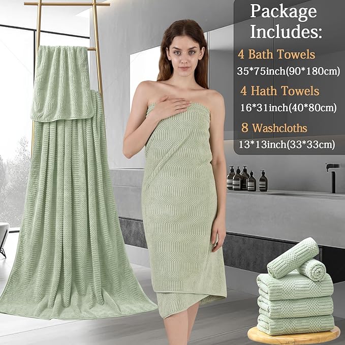 8 Piece Sage Green Bath Towels Set,2 Oversized Large Bath Sheets,2 Hand Towels and 4 Washcloths,600 GSM Soft Fluffy Luxury Towel Set,Highly Absorbent Quick Dry Towel Collection for Bathroom,Home,Hotel