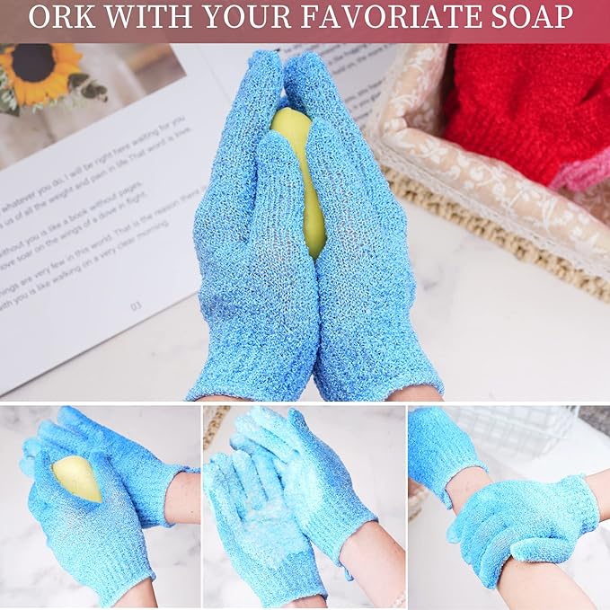 4 Pairs Bath Exfoliating Gloves Scrub, Double Sided Bath Mitts Scrubs for Shower, Exfoliating Shower Mitt Body Scrubber Glove, Bathing Accessories for Bath, Spa, Massage（Yellow, Red, Pink, Light Blue）