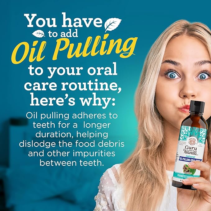 GuruNanda CocoMint Oil Pulling Mouthwash for Complete Oral Hygiene, 7 Essential Oils & Vitamins for Happy Teeth & Gums & Fresh Breath, with Toothbrush & Tongue Scraper, Alcohol-Free, 8 oz