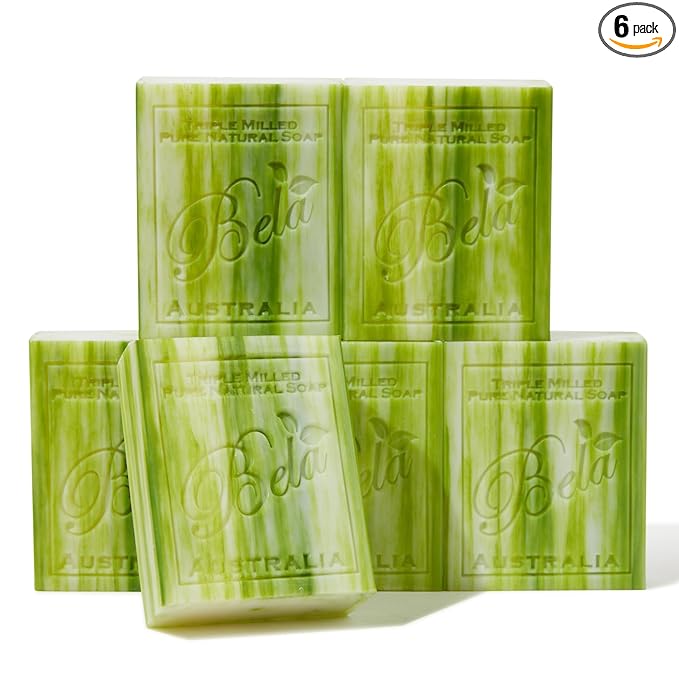 BELA Olive Oil and Cocoa Butter Soap, 3.3 OZ Pack of 6, Long Lasting French Triple Milled Bar Soap with Organic Shea Butter, Hand, Face and Body Wash Bar, Made in Australia