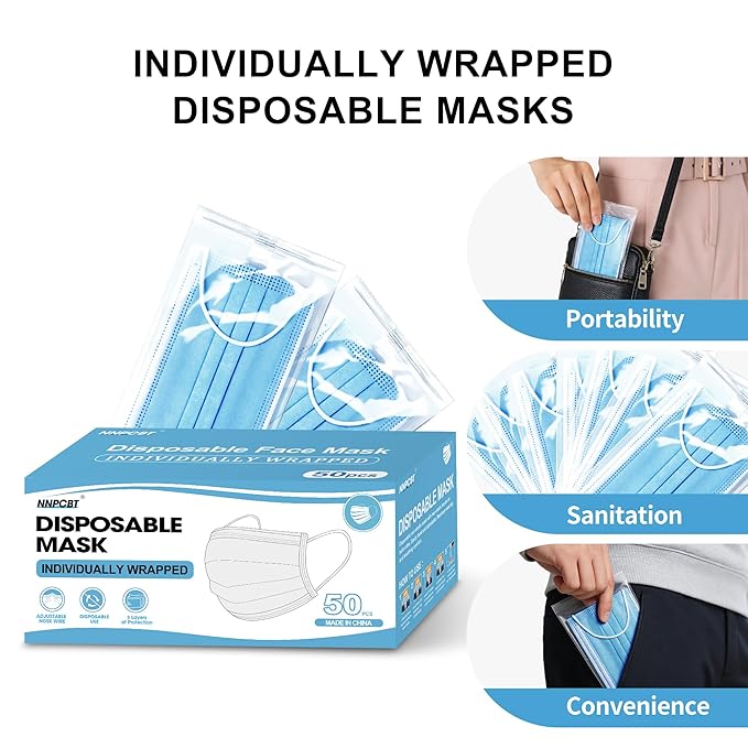 50pcs Individually Wrapped Masks, Blue Disposable Face Masks, 3 Ply Breathable Face Mask for Adults Indoor Outdoor