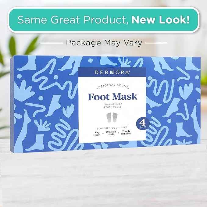 DERMORA Foot Peel Mask | Skin Exfoliating Foot Masks for Dry, Cracked Feet & Callus Removal | Dead Skin Exfoliator for Baby Soft Feet | Pack of 4 | Regular (Fits up to Men 10 / Women 11) | Original