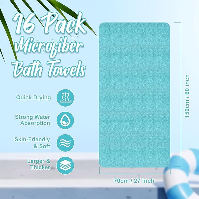SmoothNovelty 16 Pack Microfiber Bath Towels Bulk 27'' x 60'' Oversized Size Bath Towel Highly Absorbent Extra Large Soft Drying for Beach Shower Summer Salon Sport Gym Party (Wheat,Light Blue)
