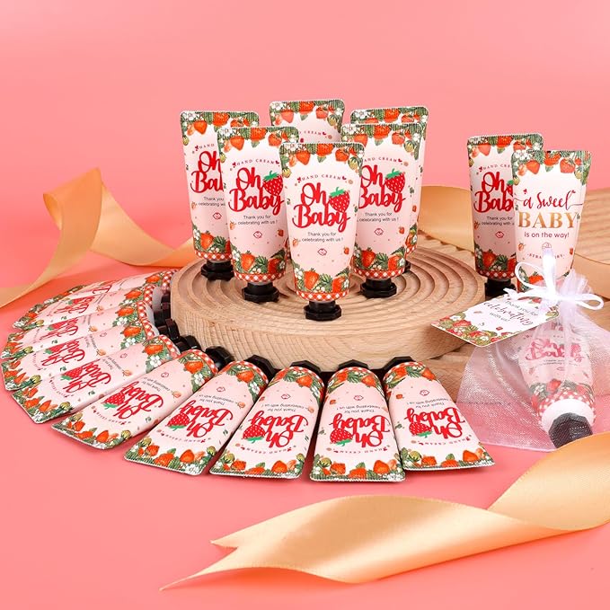KONEUK 50 Pack Bulk Hand Cream Gifts Sets, Baby Shower Favors and Bridal Shower Favors for Guests with Thank You Card and Organza Gift Bags, Appreciation Gifts, Wedding Party Favors (Strawberry)
