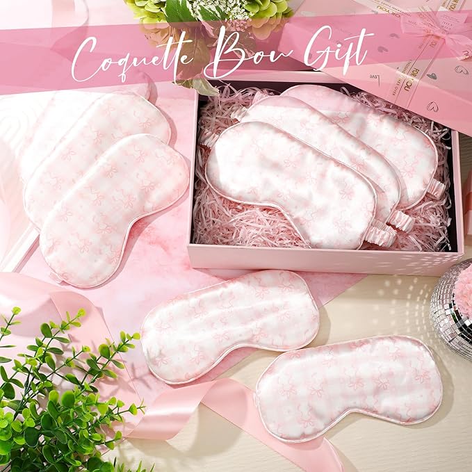 Honeydak 12 Pcs Silk Sleep Masks for Women Girls Pink Bow Party Favors Adjustable Eye Masks for Birthday Sleepover Spa Sweet 16 Party Gifts