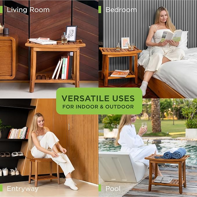 Premium 22" Teak Wood Shower Bench with Shelf, 2-Tier Waterproof Teak Shower Stool, Non-Slip Feet for Enhanced Safety, Spa Bath Seat for Bathroom, Indoor & Outdoor Use, 300 lb Capacity