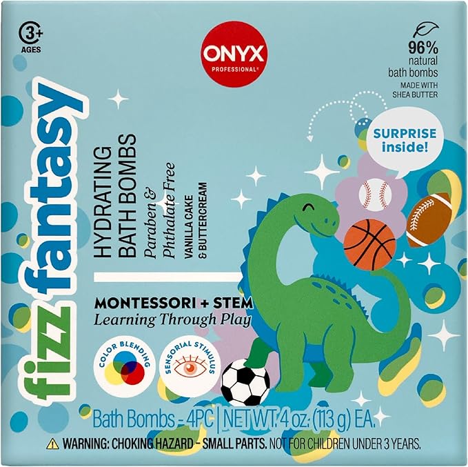 ONYX Professional Fizz Fantasy Hydrating Kid’s Bath Bomb, Vanilla Cake and Buttercream Scented | 4 Pack Kids Bath Bomb Set with Surprise Inside | Gentle Bath Bomb for Kids, 4 Count