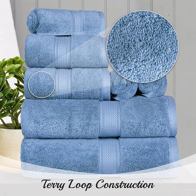 SUPERIOR Egyptian Cotton Pile 8 Piece Towel Set, Includes 2 Bath, 2 Hand, 4 Face Towels/Washcloths, Ultra Soft Luxury Towels, Thick Plush Essentials, Guest Bath, Spa, Hotel Bathroom, Denim Blue