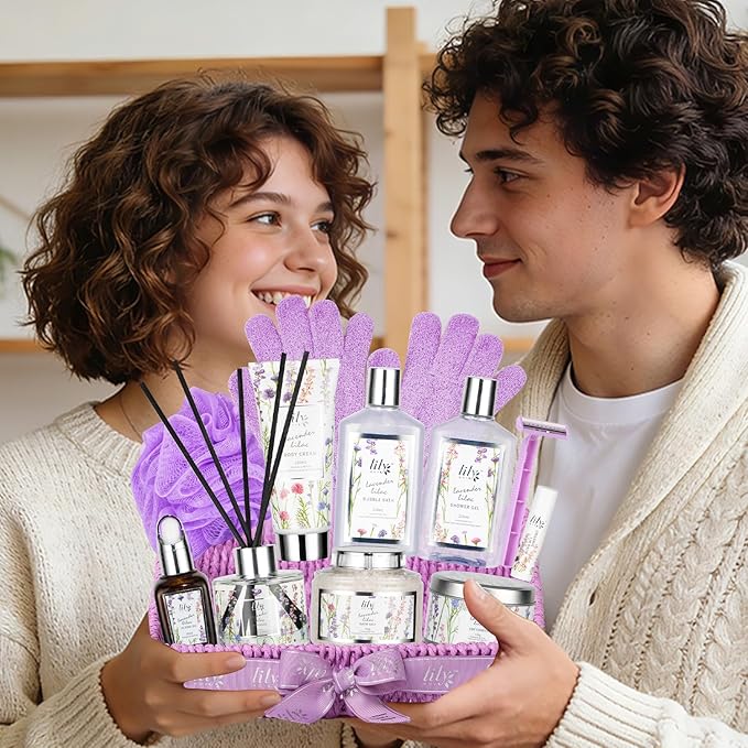 Mother's Day Gift Basket for Women - 15-Piece Lavender Bath and Body Gifts for Women, Spa Gift Basket for Women, Spa Kit | Birthday, Valentines Day Gifts, Christmas Gift, Perfect Present for Her & Mom