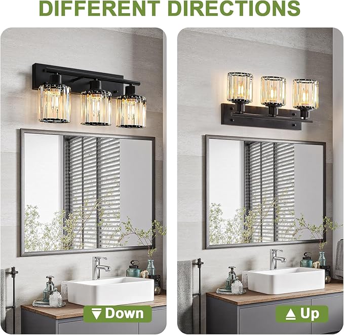 Vanity Light, 3-Light Modern Crystal Black Bathroom Light with 3 E26 Bulbs, Vanity Lights for Bathroom Bedroom Living Room Hallway