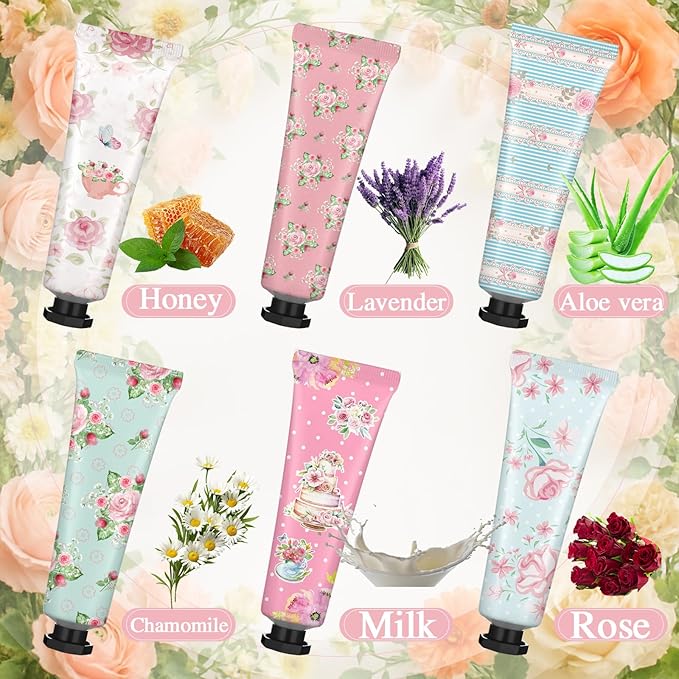 Tea Party Hand Cream Gift Set Wonderland Floral Tea Party Favor Flower Moisturizing Hand Lotion Bulk Dry Cracked Care Cream Teapot Favor Boxes Treat Gift Goodie for Baby Shower, 20 ml(24 Pcs)