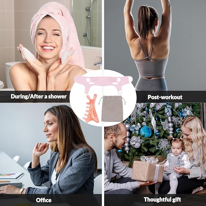 4 in 1 Gua Sha Facial Tool & V-Line Face Mask, Self Care Gifts for Women 2Pcs: Pink Massage Comb for Face Neck Body Eye & Lilac Chin Strap for Sleeping, Scalp Massager, V Line Lifting Mask Set