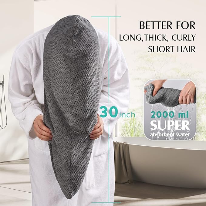 YFONG 3 Pack Large Microfiber Hair Towel Wrap, 30" x 10" Anti Frizz Quick Dry Hair Towels for Women Long, Curly, Thick Hair, Super Absorbent Hair Turban for Wet Hair (Grey, White, Camel)