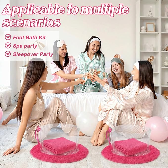 HunnmingRe 18 Pcs Foot Spa Kit for Spa Sleepover Party Supplies with 6 Foldable Foot Soaking & 6 Towels & 6 Floor Mats Matching Ribbon for Women Gift (Rose Red)