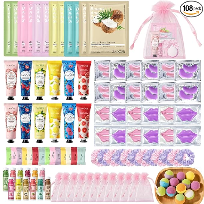 108 PCS Spa Party Supplies for Women, Spa Party Favors Include Facial Masks, Lip Mask, Lip Balm, Under Eye Patches, Foot Bath Bombs & Hand Cream, Christmas Gifts for Women Birthday Sleepover Party