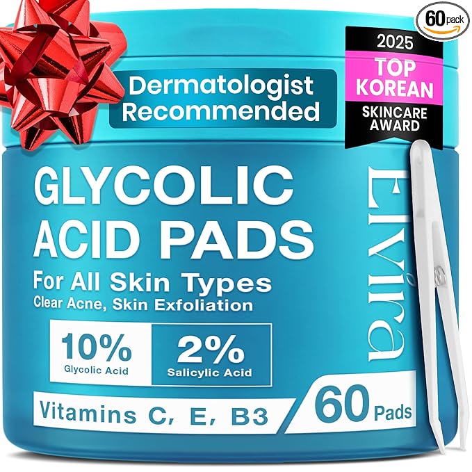 Elvira Glycolic Acid Exfoliating Facial Pads With 10% Glycolic Acid, 2% Salicylic Acid & Niacinamide - 60 Toner Pads, Daily Peel Treatment for Acne Prone Sensitive Skin