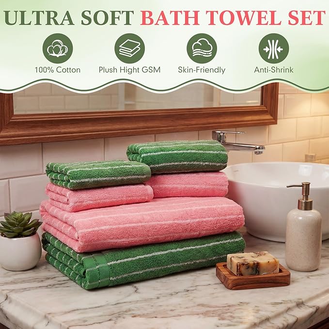 6 Pcs Large Bath Towels Set 28x55 Inch Soft Cotton Towels for Bathroom Pink Green Striped Towel Set Highly Absorbent & Quick Dry Towel for Spa Gym | 2 Bath, 2 Hand, 2 Washcloth(Pink Green)