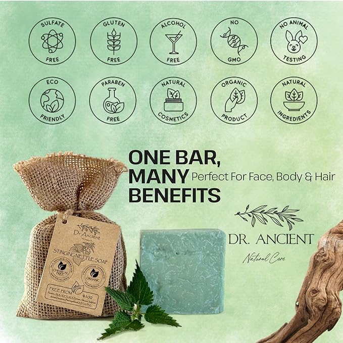 Dr.Ancient Stinging Nettle Soap Bar, Organic Soap Bars Handcrafted the Traditional Way, Natural Chemical-Free, Vegan, Used for Face Wash, Body Wash, Hand Cleansing, Daily Skin Care, Herbal Cleanser