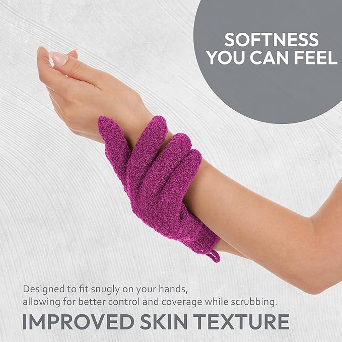 4 Pairs Exfoliating Gloves, 100% Nylon, Dual Texture Body Scrub for Spa, Massage & Dead Skin Removal, Multi-Color Shower Bath Accessories (Amethyst/Peony)