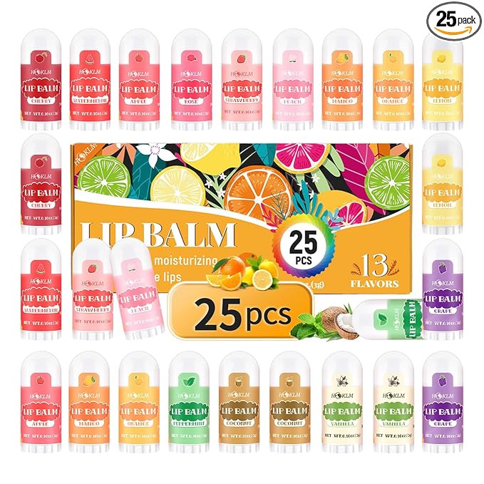 Mini Lip Balm 25 Pack, Natural Lip Balms with Vitamin E and Coconut Oil. Moisturizes for Dry Lips, Perfect for Christmas Gifts, Party Favors, Gift Bags and Small Gifts-13 Flavors