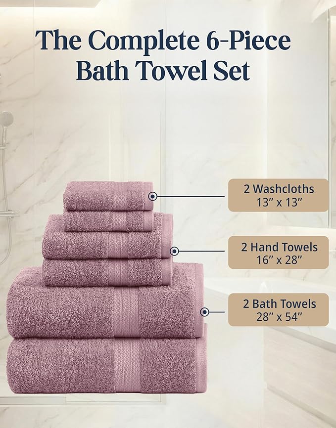 LANE LINEN 100% Cotton Turkish Towels for Bathroom - 6 Piece - Softer & Highly Absorbent - 2 Bath, 2 Wash cloths, 2 Hand Towels - Complete Family Set, Hotel Quality & Gentle on Skin - Wistful Mauve