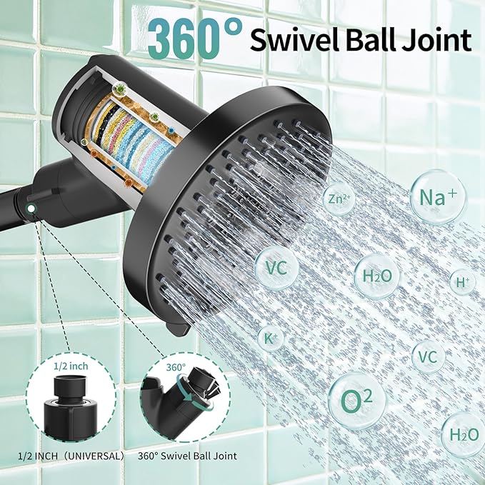 SR SUN RISE Filtered Shower Head - High Pressure Rain Shower Head with 20-Stage Filterr, 6 Spray Modes for Hard Water Softener, Remove Chlorine & Heavy Metals (Black, 5.5 Inch Round)