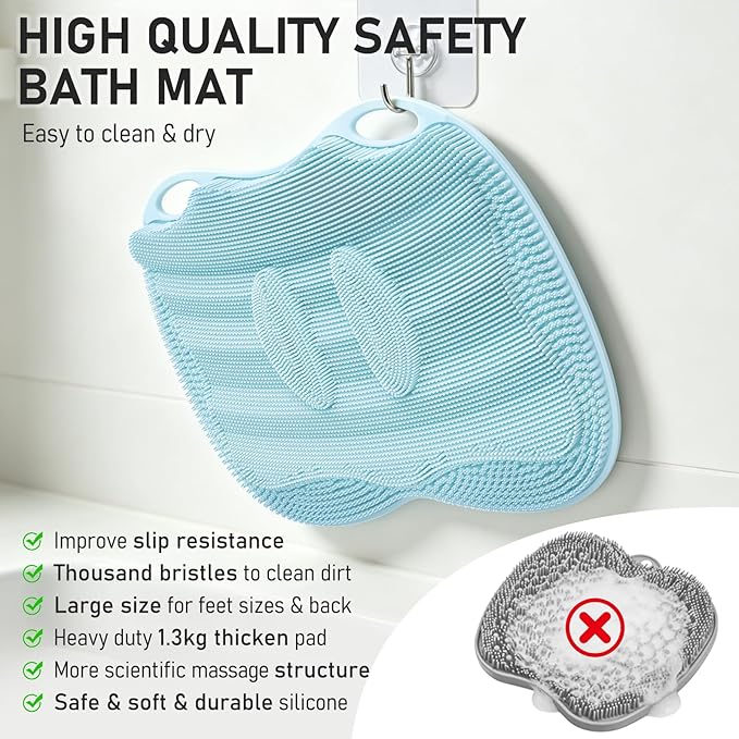 XL Shower Foot Scrubber Mat, Silicone Feet Massage Scrubber in Shower Clean Foot Toes Pad without Bending Non-slip Suction Cups -Blood Circulation Exfoliate Achy Relief 17.4*13.4" Light Blue