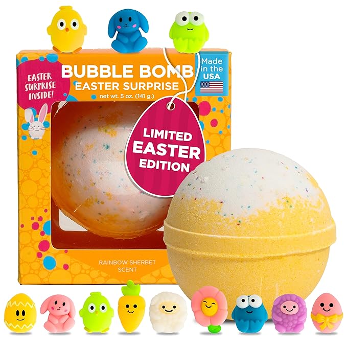 Easter Bath Bombs for Kids with Surprise Squishy Toys Inside (1 Pack) - Easter Basket Stuffers and Essentials - Releases Bubbles & Colors, Moisturizing, Large Bath Bomb for Girls & Boys by Two Sisters