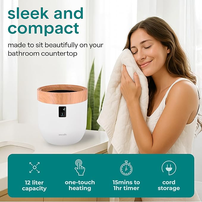 SereneLife Counter Towel Warmer Bucket - with Customized Fragrance for Spa and Bathroom, Luxury Heater, Auto Shut Off, Fits 1 Large Blanket, Bathrobe, PJs (Natural)