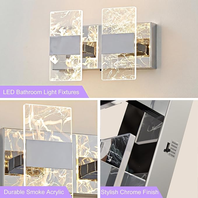 Modern LED Bathroom Light Fixtures Dimmable 2-Light Chrome Vanity Light, 5CCT Adjustable Lighting Fixture Vanity Lights Over Mirror, Smoked Acrylic LED Vanity Lights for Bathroom