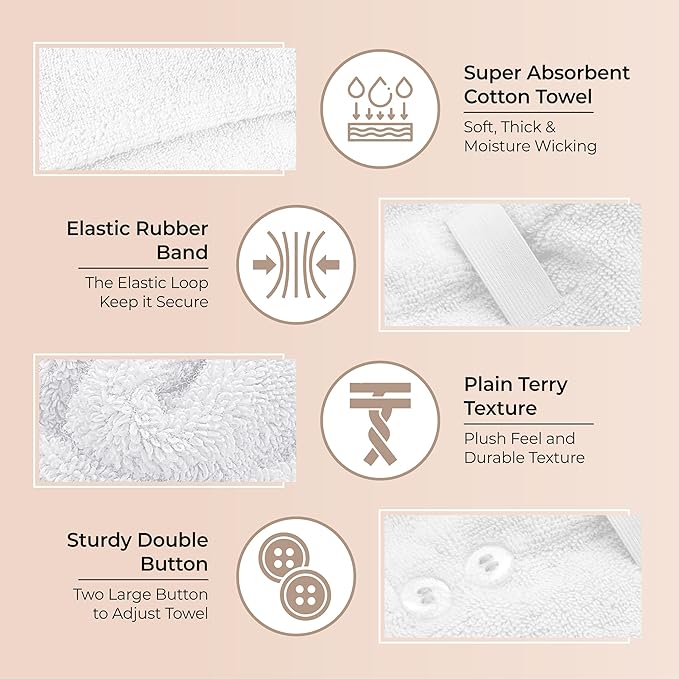 100% Cotton Hair Towel Wrap for Women/Kids | Quick Dry, Soft & Absorbent 420-GSM Hair Wrap Towels with Double Button | Anti Frizz, Non Microfiber Luxury Hair Turbans for Curly, Long Hair (White)