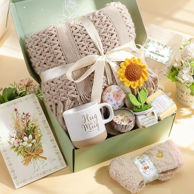 Self Care Gifts for Women Birthday Spa Care Package, Get Well Soon Sympathy Gift Baskets, Inspirational Mothers Day Gifts for Mom Wife Sister Grandma, Thinking of You Hug In A Box Sunflower Gifts