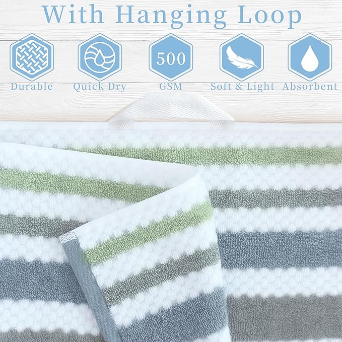 Striped Bath Towels (4PC, 28"x52") - Quick Dry | Absorb | Lightweight | 500GSM | Soft, Cotton Polyester Blend Bath Towels, Decorative Bath Towel with Hanging Loops, Navy Grey Green Stripes + White