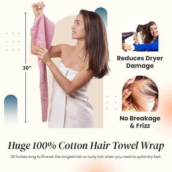 Extra Large Waffle Cotton Hair Towel Wrap - 30 inches Long, 400 GSM, Ultra Absorbent, Quick Dry Hair Turban for Women, Ideal for Long and Curly Hair, Perfect for Plopping (Hippie Pink)