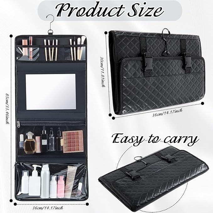 Travel Hanging Toiletry Bag with Mirror Leather Travel Hanging Mirror Foldable Dance Competition Makeup Bag Backstage Cosmetic Organizer for Traveling Dancers Spa(Classic,Black)