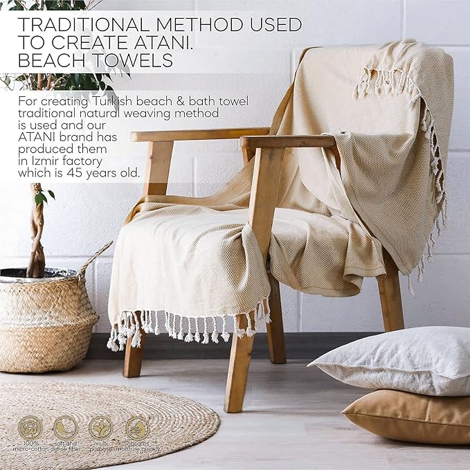 ATANI 69x35 in Oversized Turkish Beach Towel Set with Tote Bag – Quick-Dry 100% Turkish Cotton Peshtemal, Sand-Resistant, Lightweight for Shower, Travel, Pool, Yoga (Yellow)