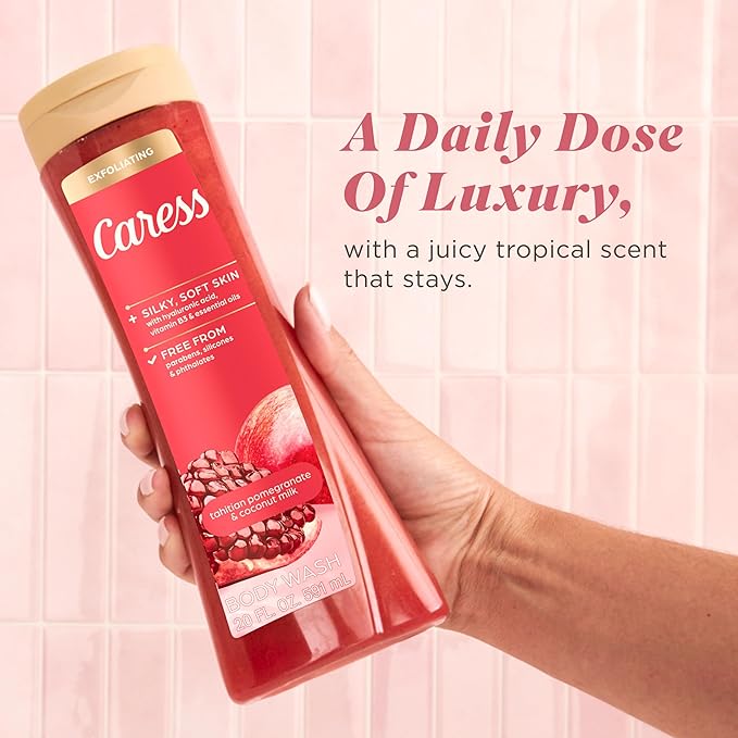 Caress Tahitian Pomegranate & Coconut Milk Exfoliating Scrub Body Wash with Hyaluronic Acid & Vitamin B3 for Moisturized, Silky Soft Skin, Long-Lasting Fragrance, 20 fl oz (4 Pack)