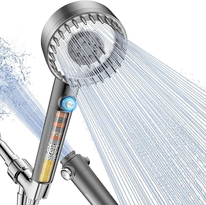 Ion Drops Filtered Shower Head with Handheld, High Pressure 4 Spray Mode Showerhead with Filters for Hard Water Softener, Handheld Shower Heads Filter with ON/OFF Switch for Pets (Gray)