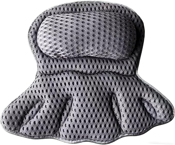 Luxury Bath Pillow for Tub - 4D Air Mesh Head/Neck/Back Support with 6 Non-Slip Suction Cups (Gray)
