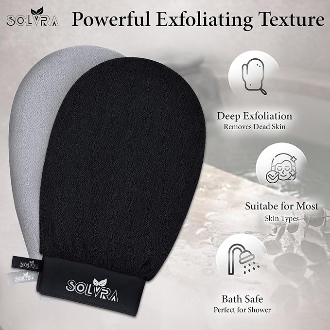 Exfoliating Gloves – 100% Vegan Viscose Kessa Mitt for Dead Skin Removal, Self-Tan Fade, and Keratosis Pilaris – Dual-Texture Glove for Spa & Massage (2 Pack, Black/Gray)