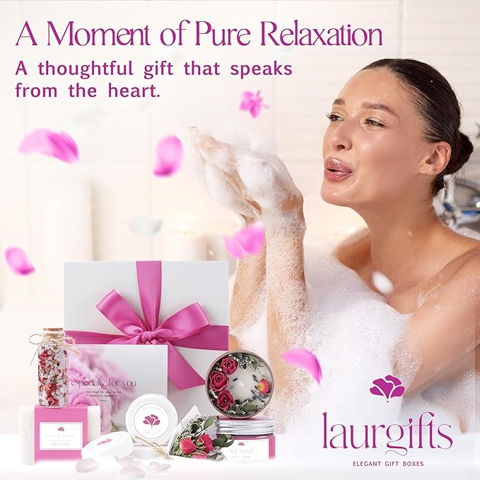 Mothers Day Spa Gift Set for Women – Rose & Jasmine Candle Gift Set with Bath Treats, Relaxing Self Care Basket, Birthday Gift for Mom or Friend