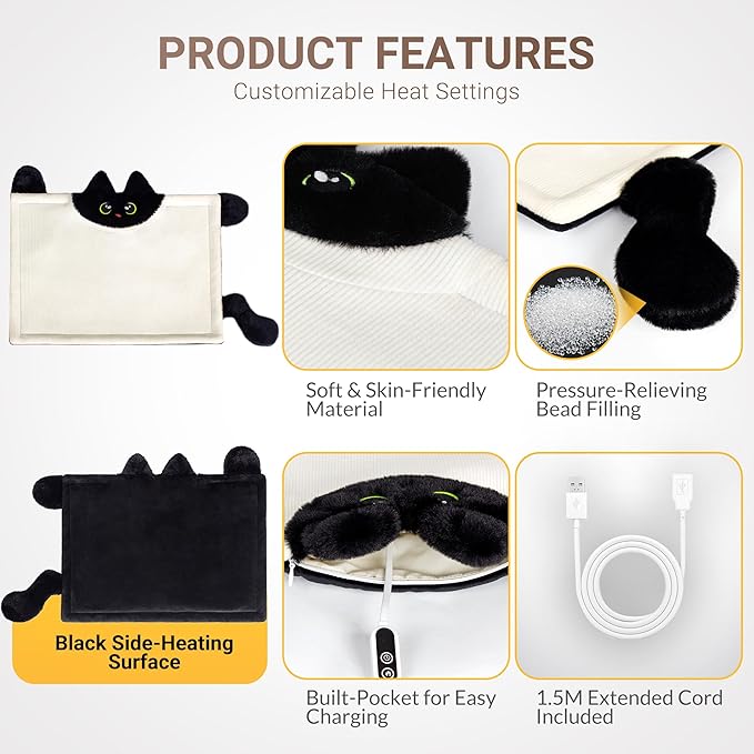 Cute Cat Shape Heating Pad for Period Cramps & Menstrual Pain Relief, 5V 2A USB Fast Heating with 4 Heat Settings & Auto-Off, Portable Electric Corduroy & Plush Warmer for Women & Teen Girls