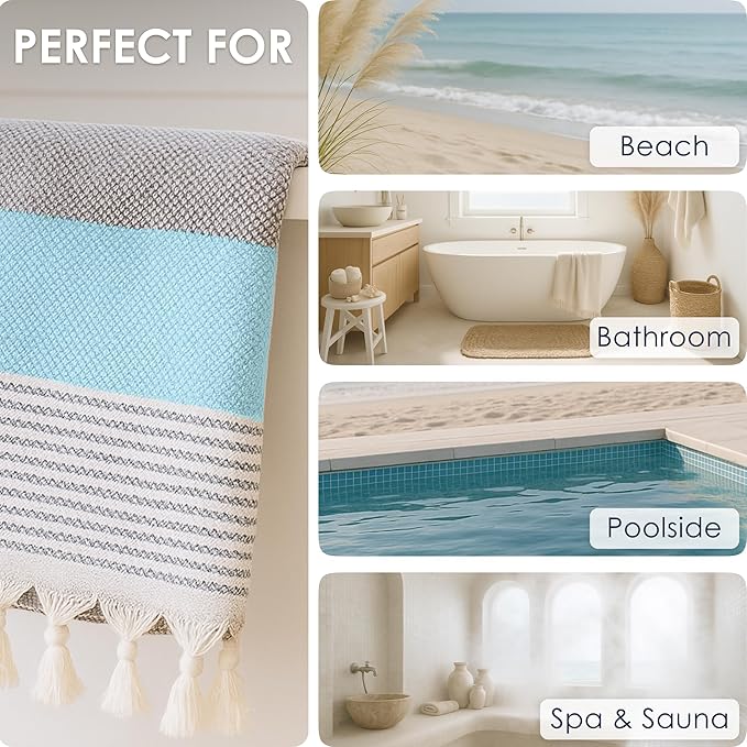 ATANI Turkish Beach Towel (71x39 Inches), Converts to a Bag, Oversized 100% Cotton Bath Towels Lightweight Quick-Dry Beach Blanket for Travel, Picnic, Camping, Yoga and Pool(Grey x Turquise)