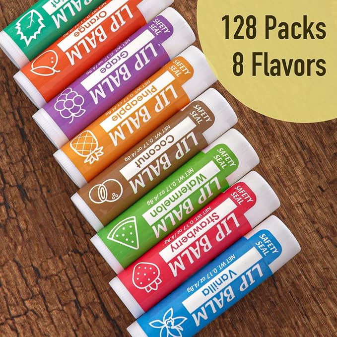 YesBes 128 Pack Lip Balm, Natural Lip Balm Bulk with Vitamin E and Coconut Oil, Moisturizing Lip Balms for Dry Cracked Lips, Lip Balms for Mothers Day Gifts Stocking Stuffers - 8 Flavors