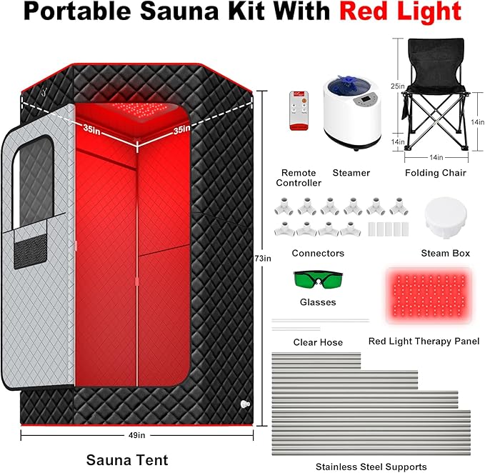 I-THERA-U XL Infrared Sauna Box with True 660 & 850nm Red Light Therapy Lamp, Portable Red Light Sauna for Home, Full Body Steam Tent with 3L 1200w Steamer, 15 Levels Heat, Chair, Remote