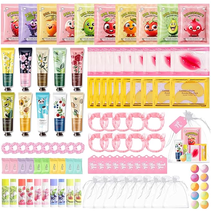 110PCS Spa Party Supplies for Girls,Spa Party Favors Include Lip Mask,Foot Bath Bombs,Face Masks,Skin Care For Teens 10-12,Mothers Day,Teacher Appreciation Gifts,Birthday Bulk Gifts for Women