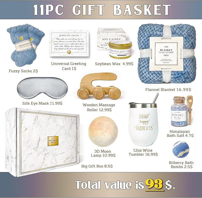 AHAGIFTREE Gift Baskets for Women,11PC Care Package,Think of You, Surgery Recovery Gifts for Women,Get Well Soon After Surgery,Birthday Gifts,Thank You,Sympathy Gift Baskets