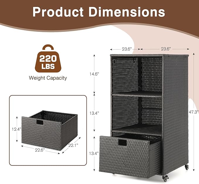 HOMREST Outdoor Pool Towel Rack with Storage Cabinet, Waterproof PE Rattan Wicker Poolside Towel Organizer with Shelves & Drawer, Rolling Wheels Towel Valet Caddy for Patio, Hot Tub, Spa,Black